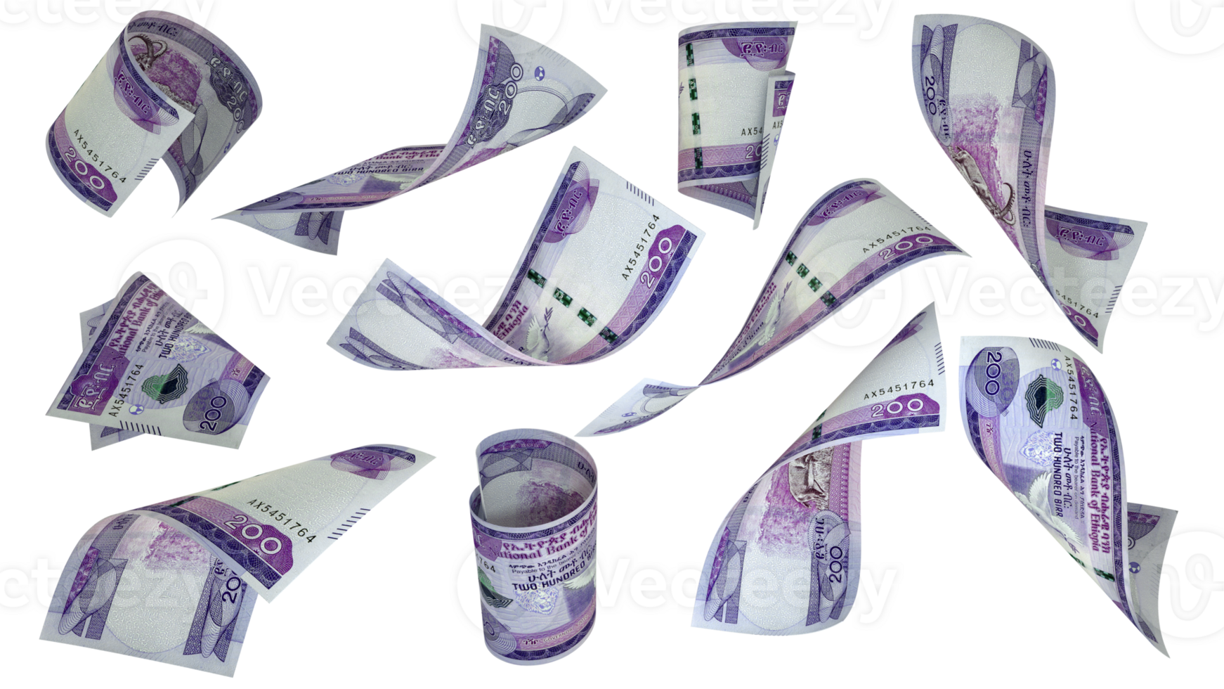 3D rendering of Ethiopian Birr notes flying in different angles and orientations isolated on transparent background png