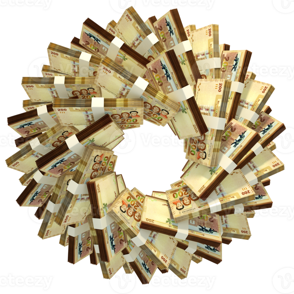 3d rendering of stacks of 100 Bolivian Boliviano notes arranged in a circular pattern. png