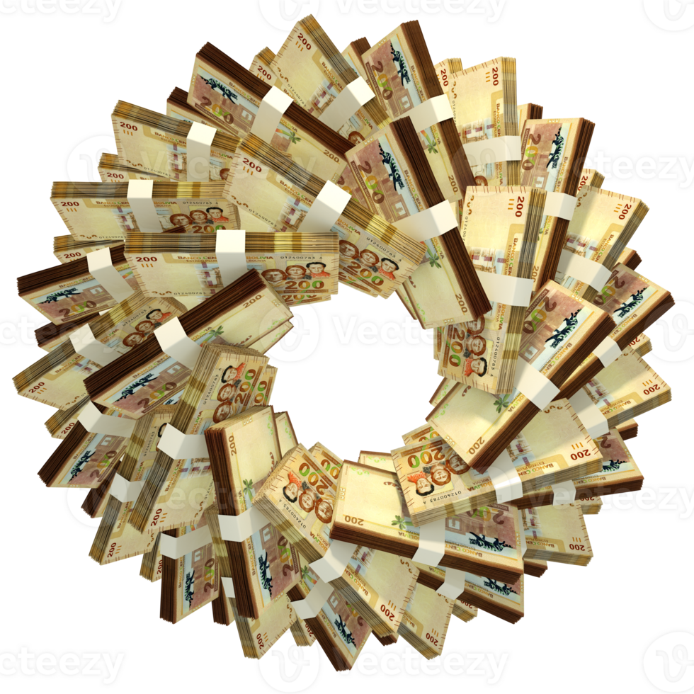 3d representación de pilas de 100 boliviano boliviano notas arreglado en un circular modelo. png