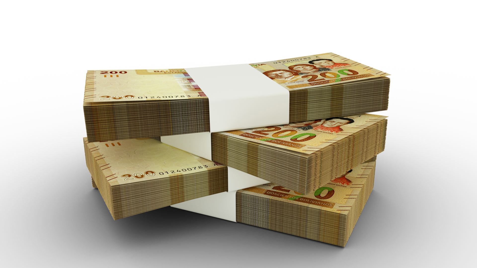 3d rendering of Stack of Bolivian Boliviano notes. Few bundles of ...