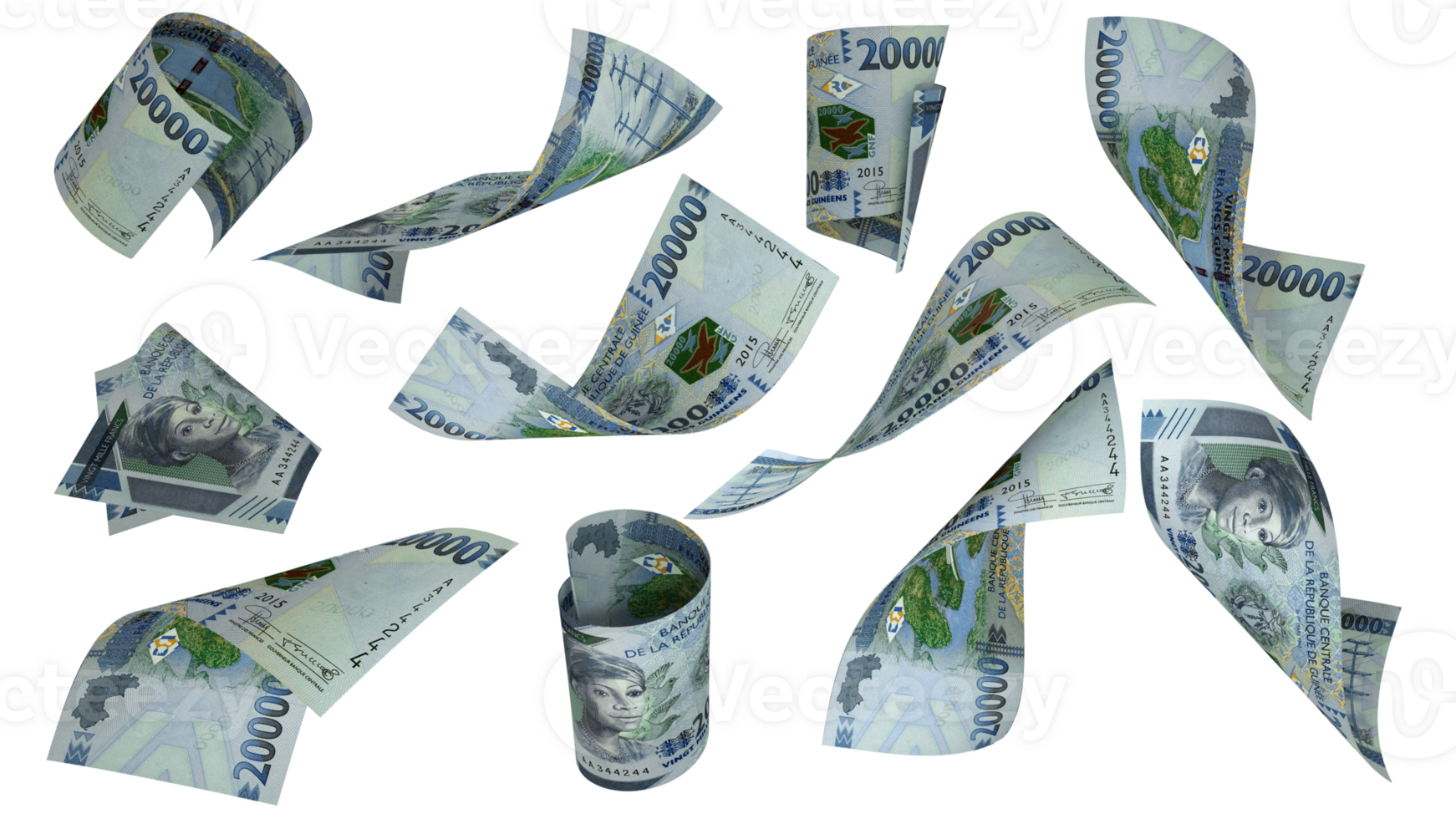 3D rendering of Guinean Franc notes flying in different angles and orientations isolated on transparent background png