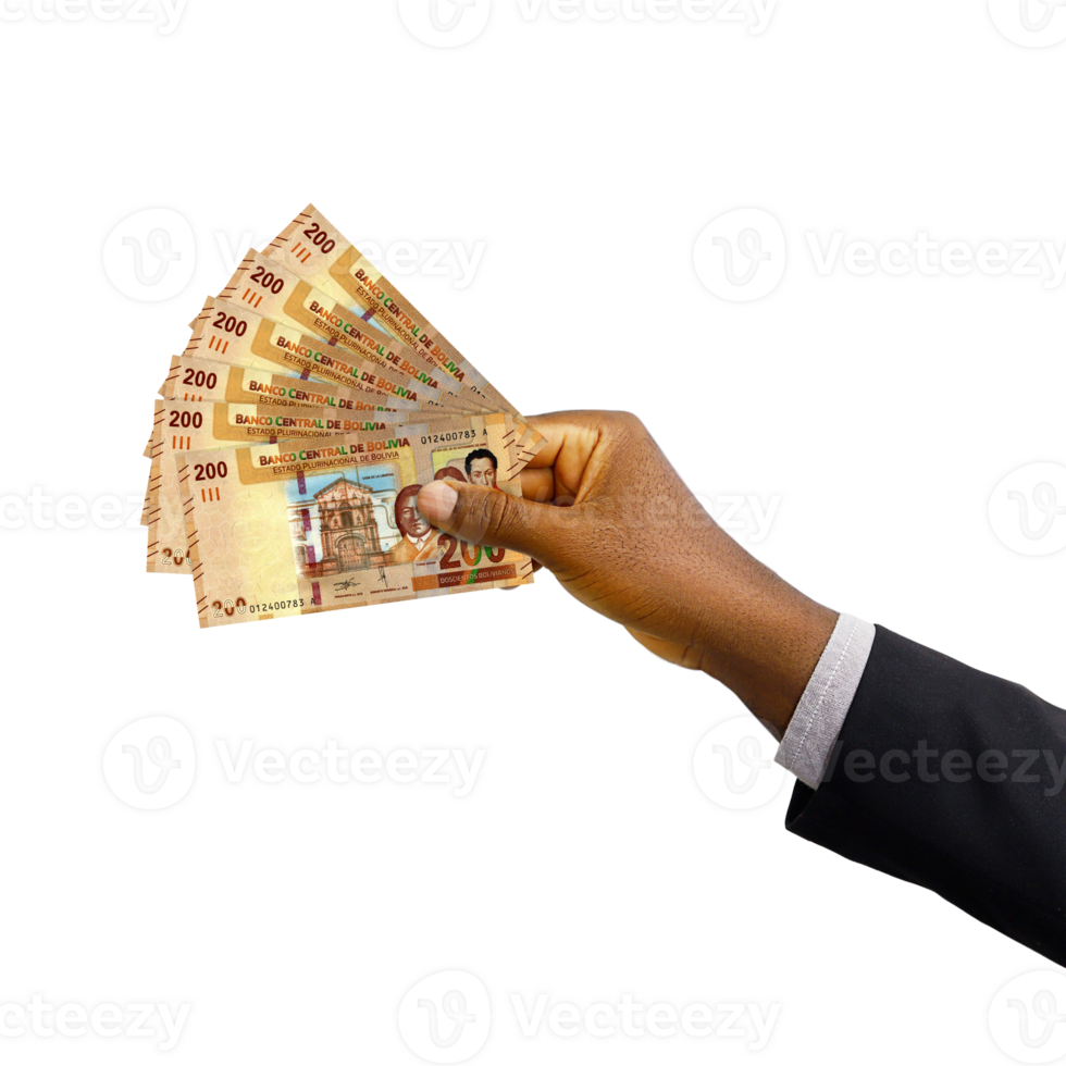 Black hand with suit holding 3D rendered Bolivian Boliviano notes isolated on transparent background png