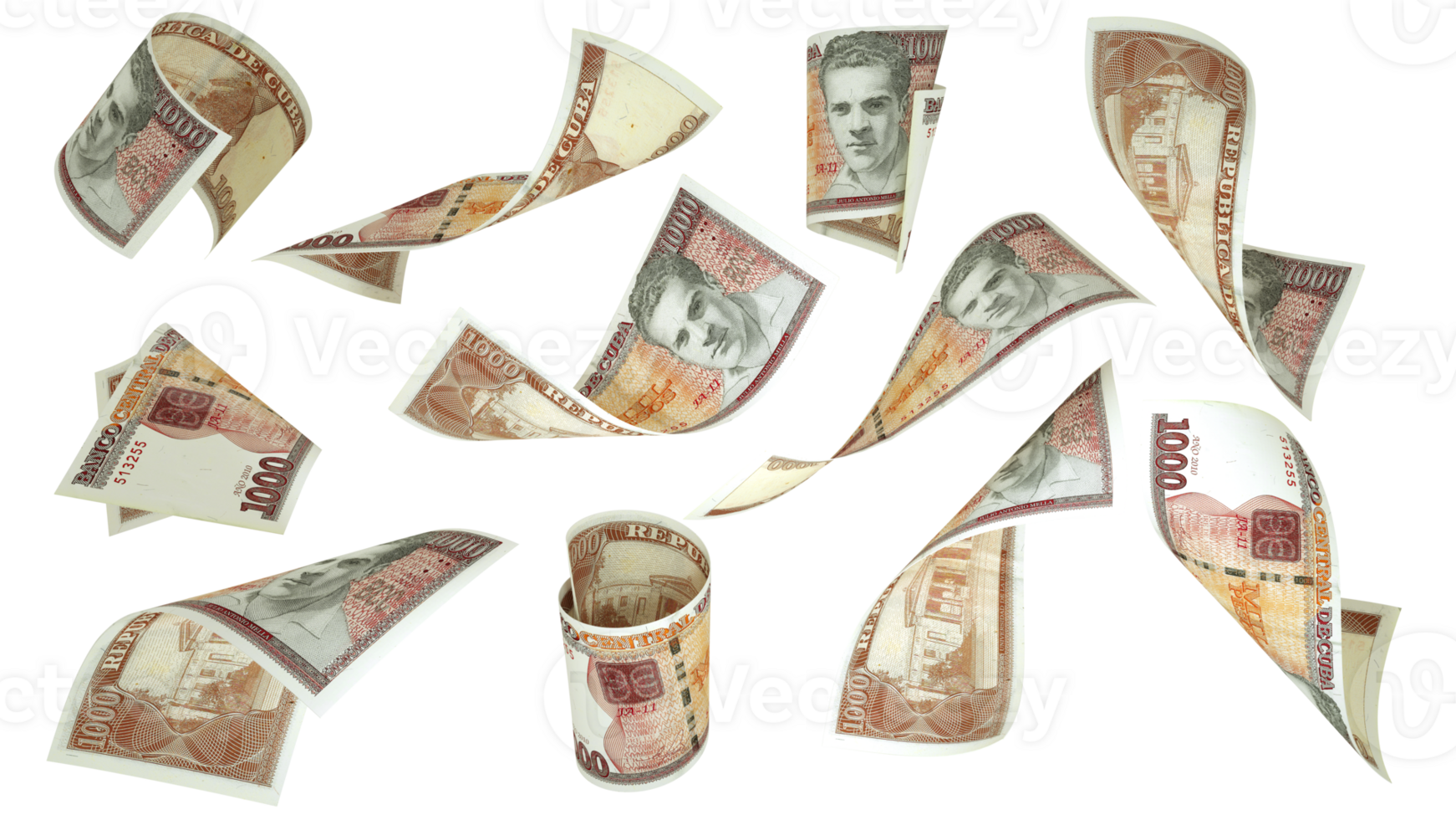 3D rendering of Cuban peso notes flying in different angles and orientations isolated on transparent background png