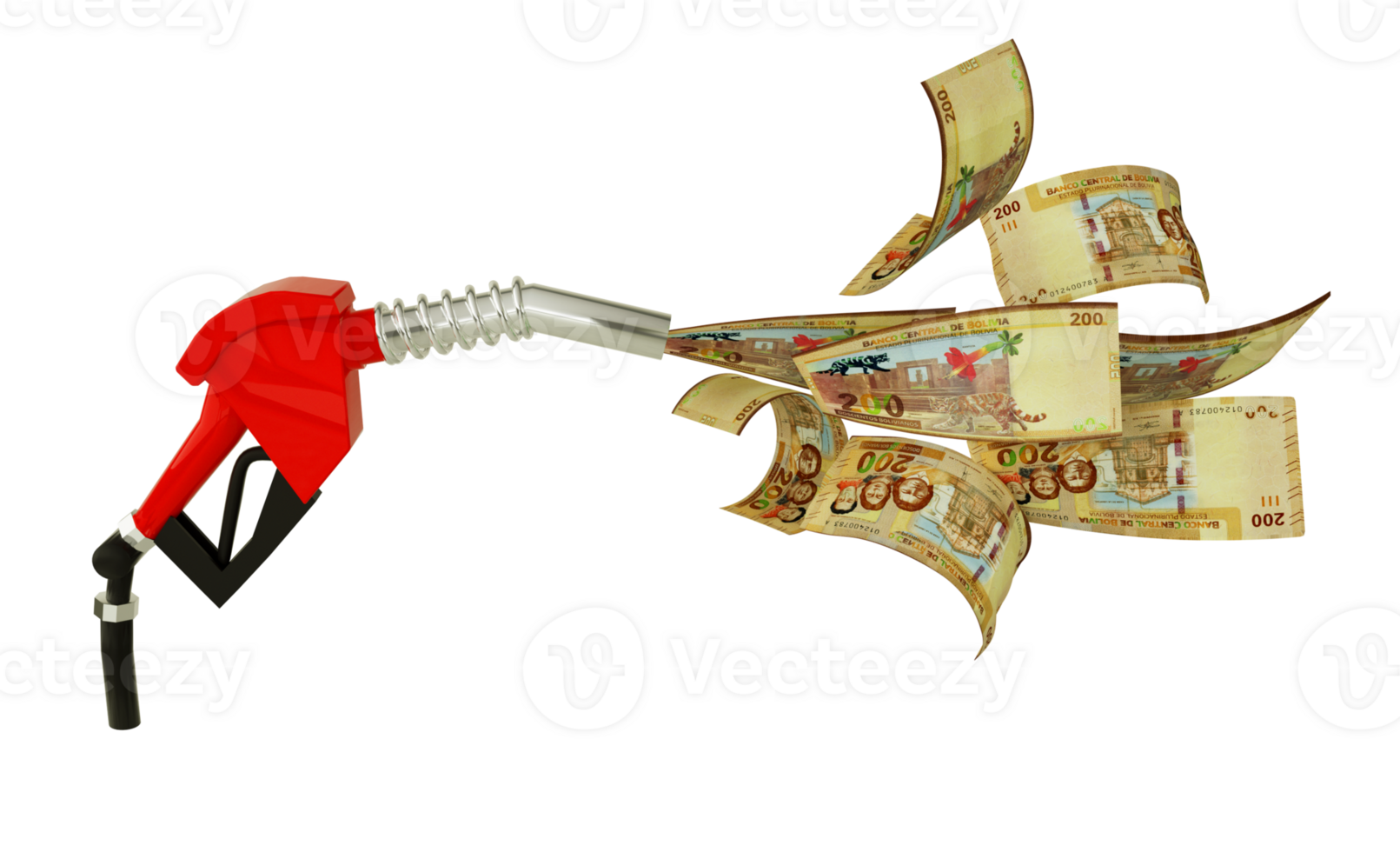 3d rendering of 100 Bolivian Boliviano notes coming out from fuel pump. red fuel nozzle with Boliviano flying around png