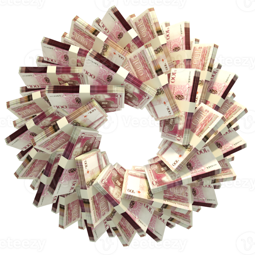 3d rendering of stacks of 100 Tongan Paanga arranged in a circular pattern. png