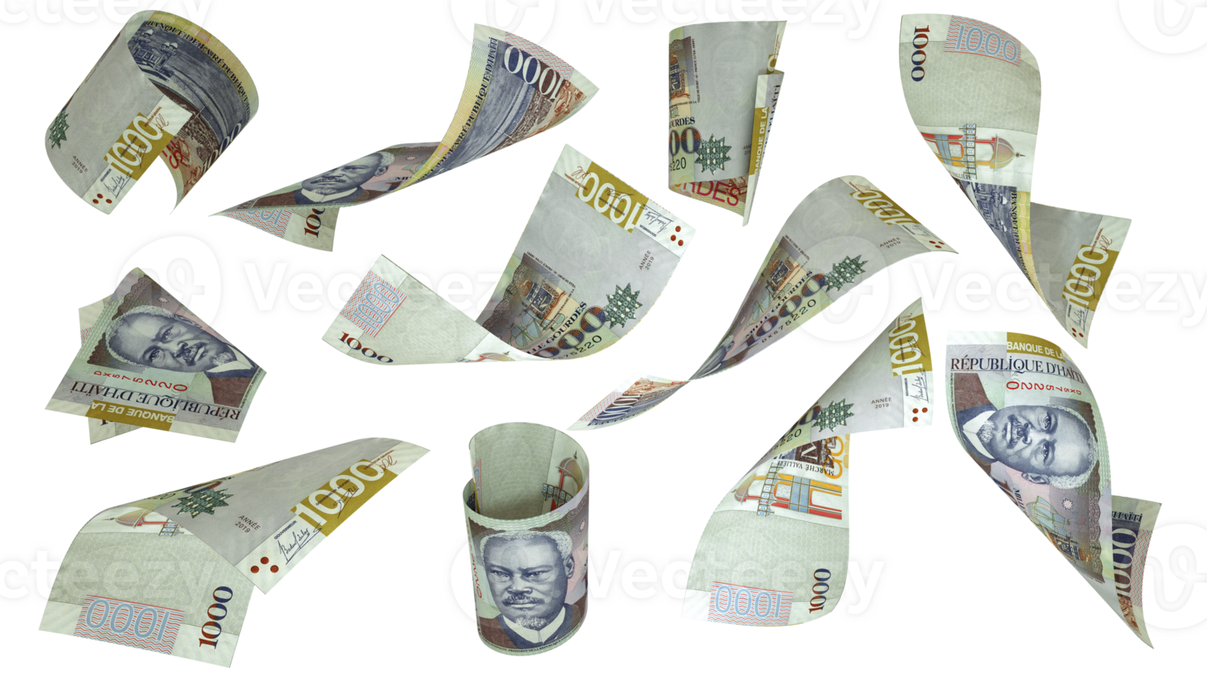 3D rendering of Haitian Gourde notes flying in different angles and orientations isolated on transparent background png