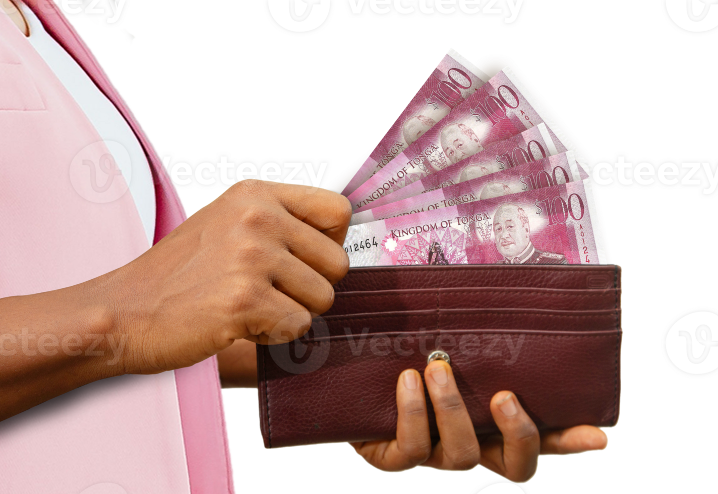 fair Hand Holding brown Purse With Tongan Paanga notes, hand removing money out of purse isolated on transparent background png