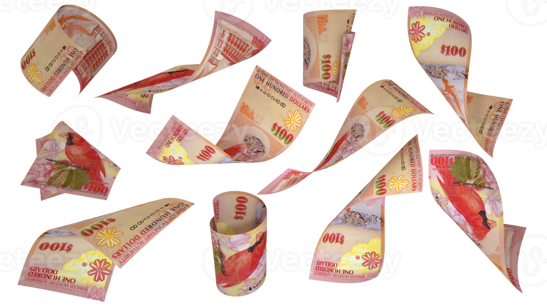 3D rendering of Bermuda Dollar notes flying in different angles and orientations isolated on transparent background png