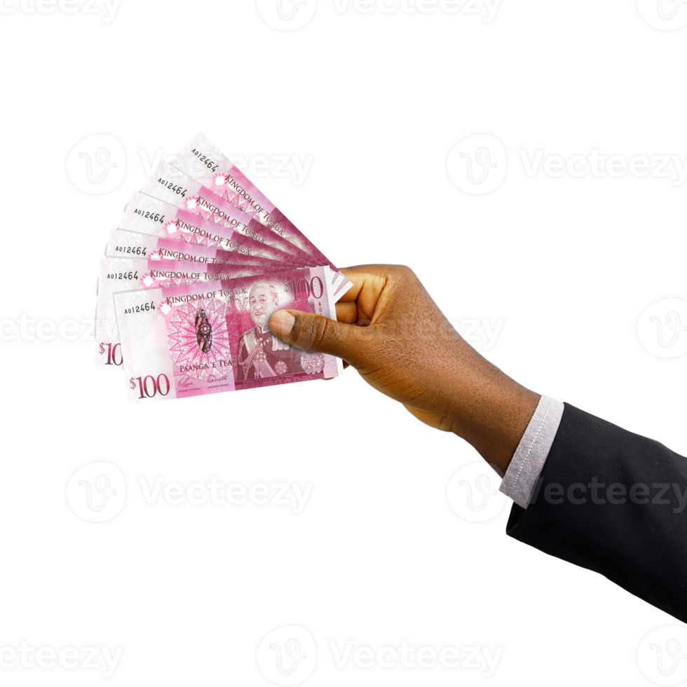 Black hand with suit holding 3D rendered Tongan Paanga notes isolated on  transparent background png