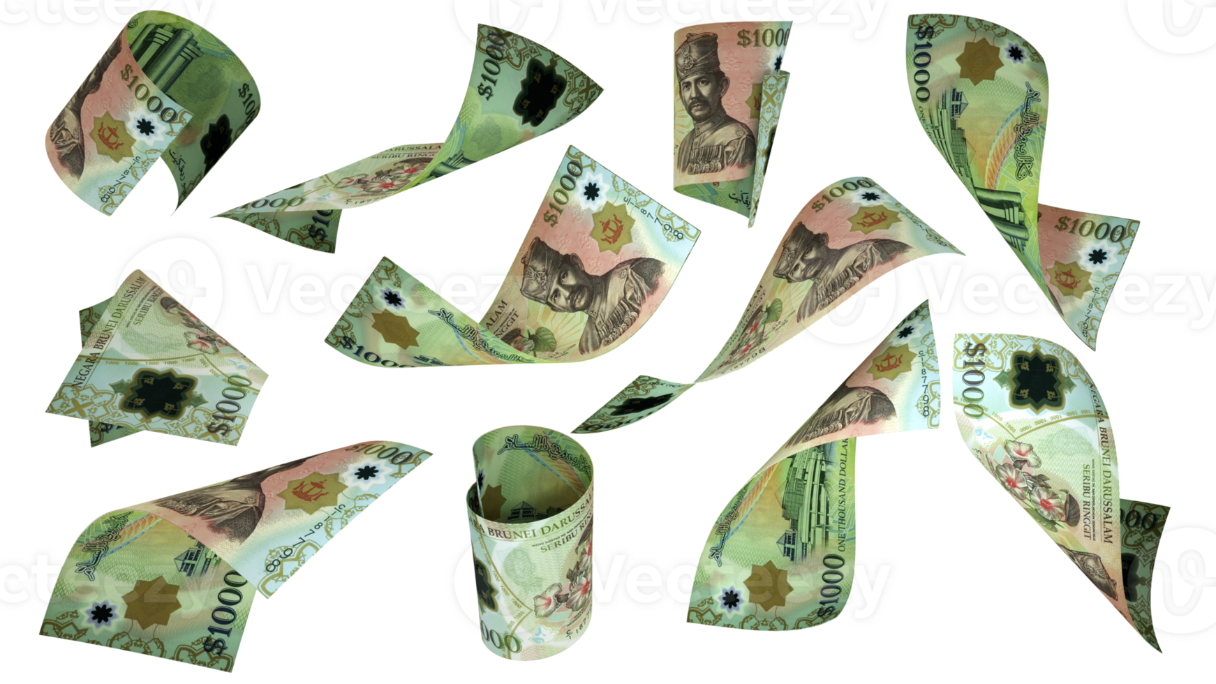3D rendering of Bruneian Dollar notes flying in different angles and orientations isolated on transparent background png