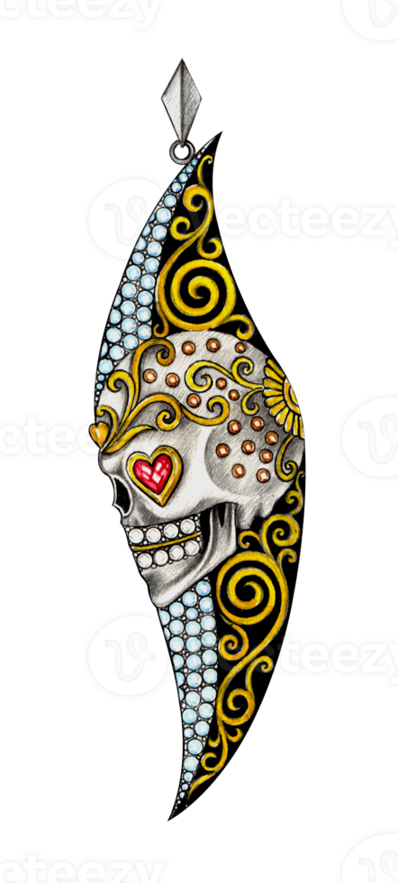 Jewelry design fancy art vintage mix skull pendant. Hand drawing and painting on paper. png