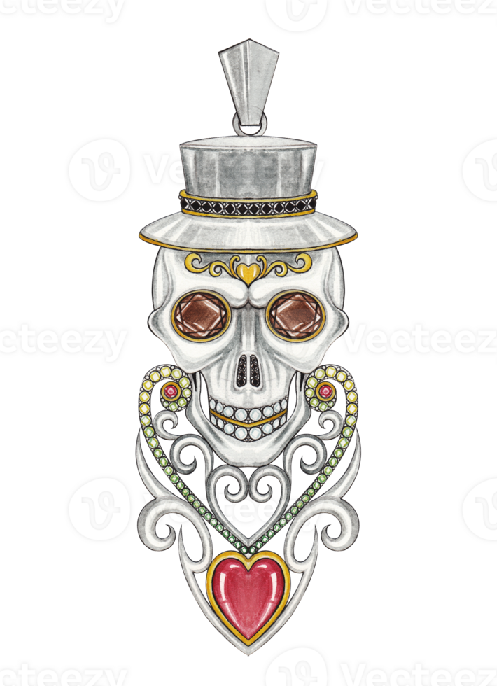 Jewelry design art vintage mix fancy skull pendant. Hand drawing and painting on paper. png
