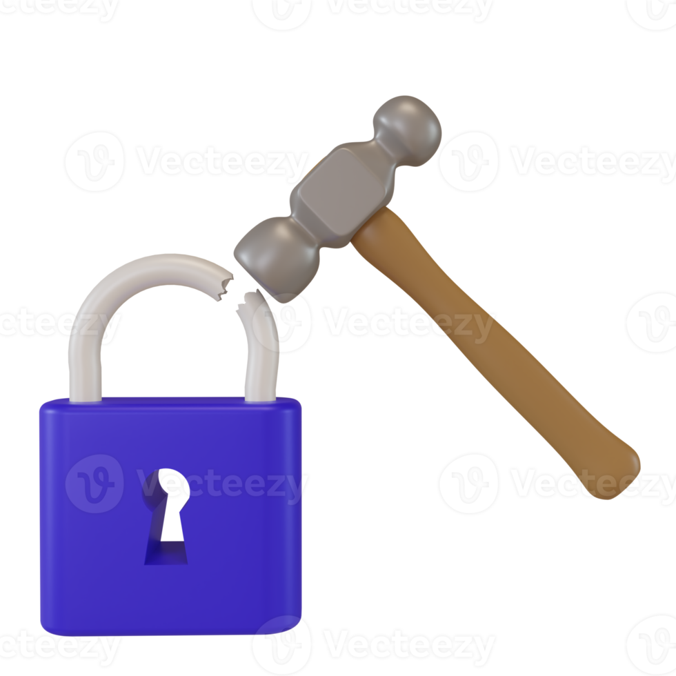 3d rendering broken padlock and hammer icon. concept illustration of hacking passwords and hijacking document files png