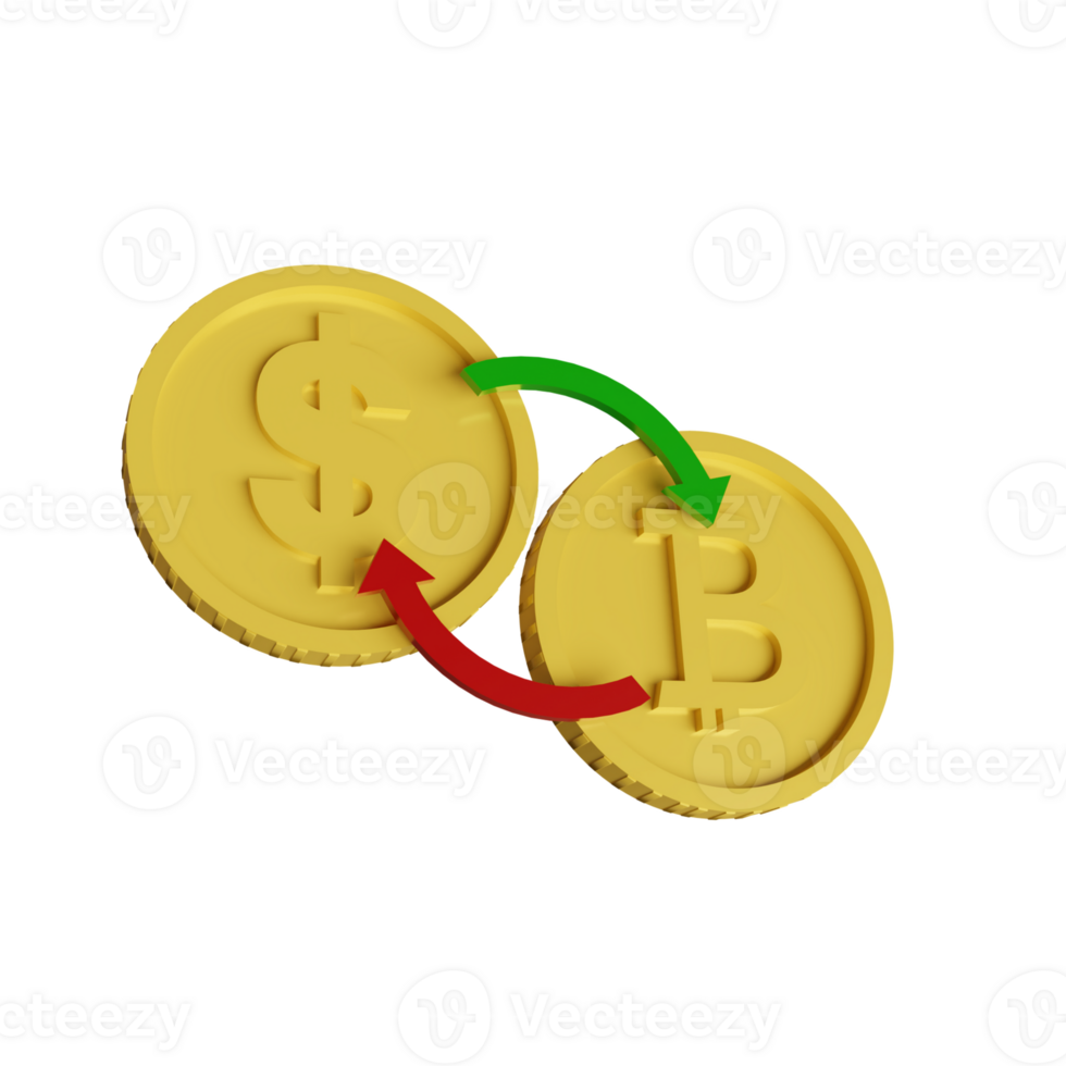 dollar and bitcoin symbol coin with arrow, exchange rate concept, 3D rendering png
