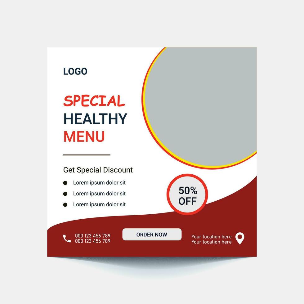 súper delicioso rápido comida social medios de comunicación enviar modelo. sano y sabroso comida bandera, volantes o póster diseño para en línea negocio márketing y promoción. restaurante oferta menú diseño vector