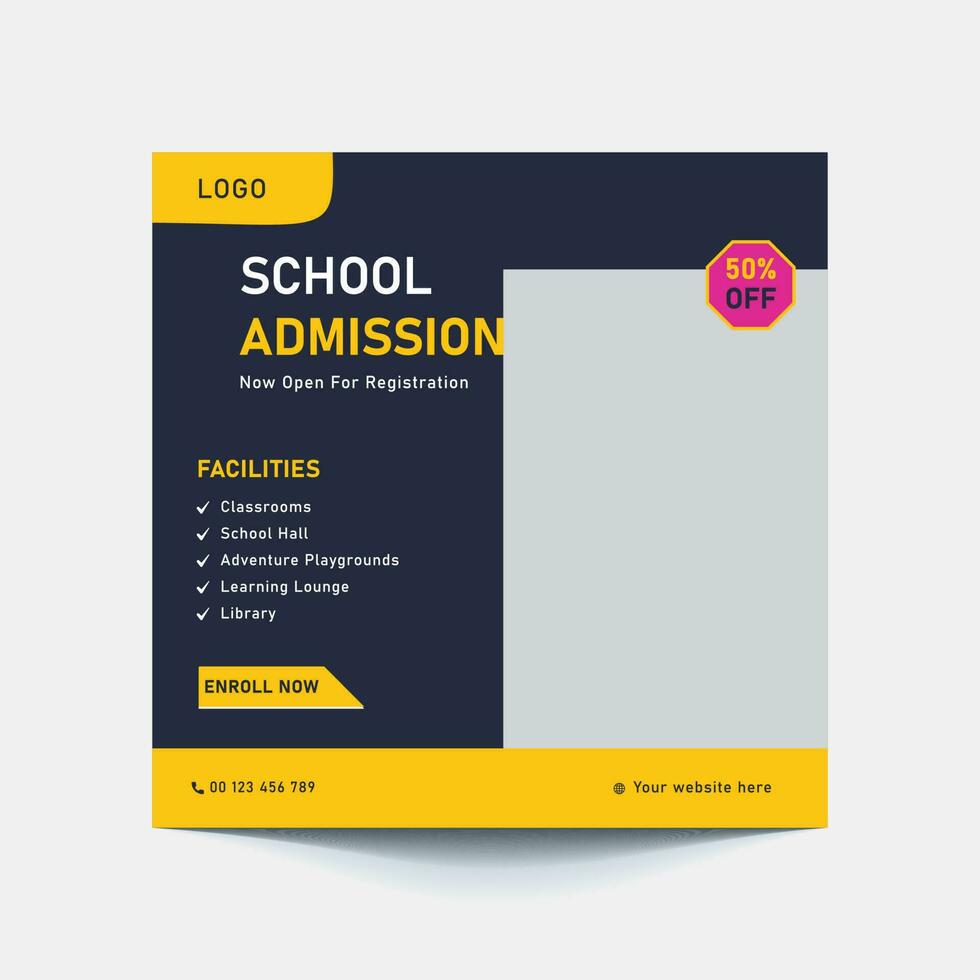 School education admission social media post or back to school web banner template or square flyer poster, School admission social media post. vector