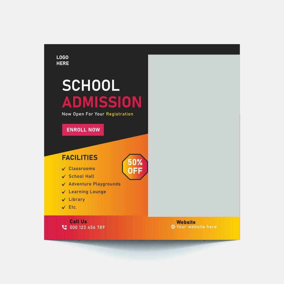 School education admission social media post or back to school web banner template or square flyer poster, School admission social media post. vector