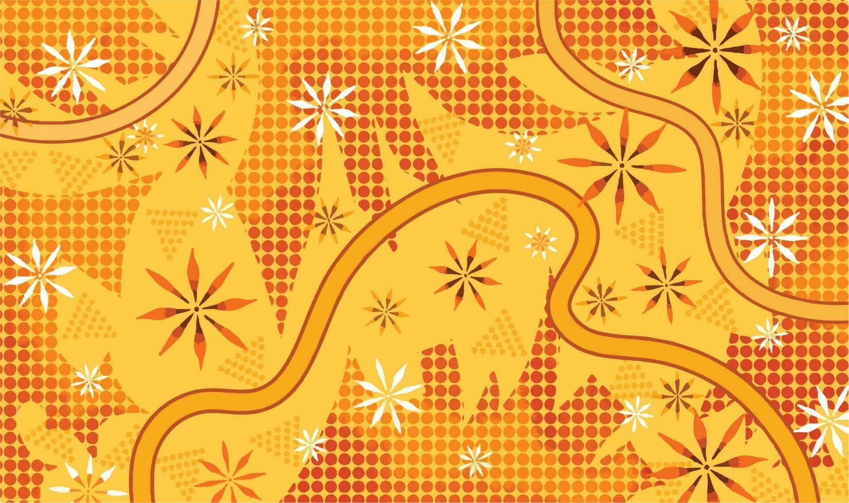 Yellowish orange colored vector background with abstract flower, polkadots, and lines decorations isolated on horizontal template. Simple flat art styled wallpaper or backdrop concept idea.