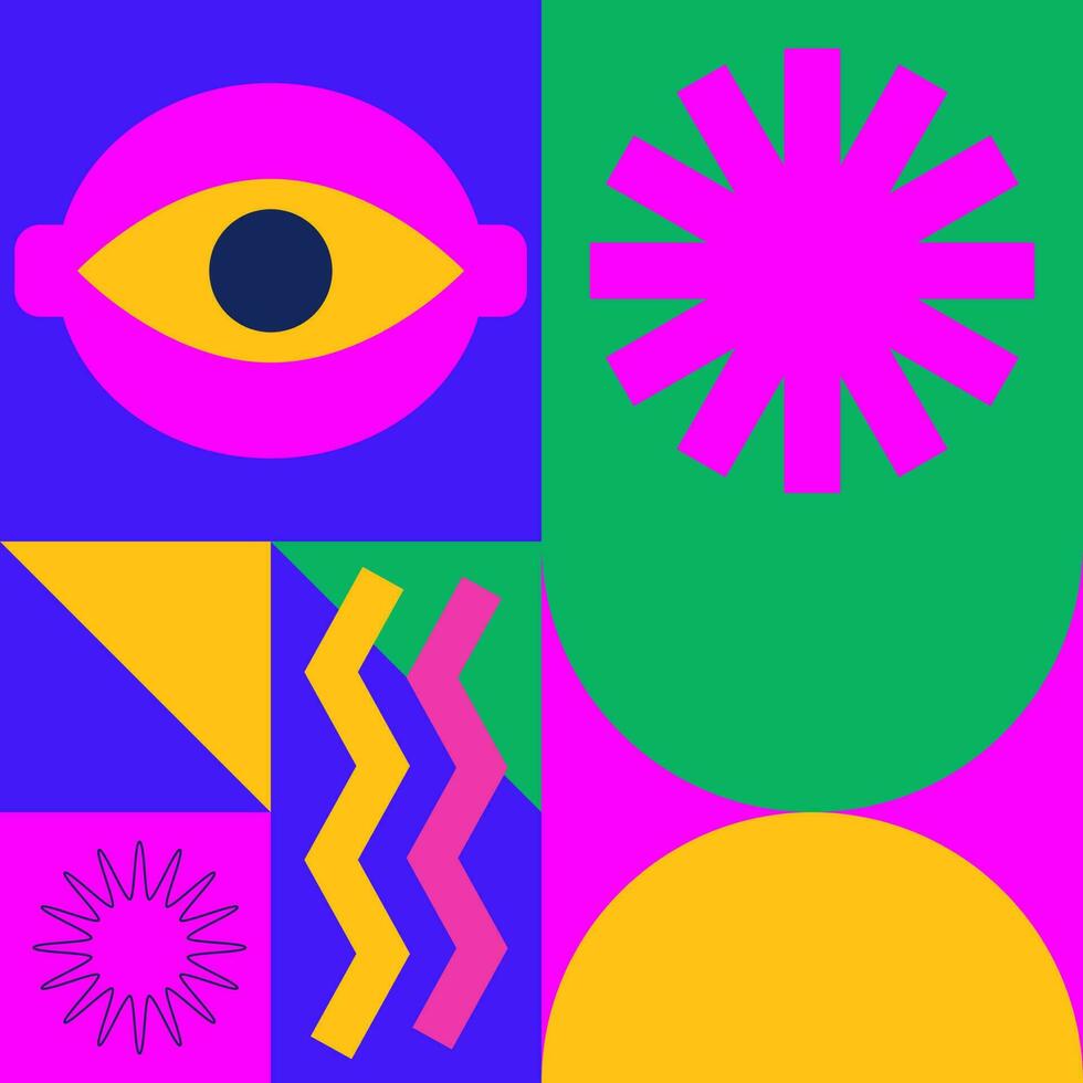 Modern geometric futuristic background. Abstract psychedelic brutalist pattern. Geometric shapes, figures, mystic eyes. Brutal contemporary figure, primitive basic elements. Bauhaus memphis design. vector