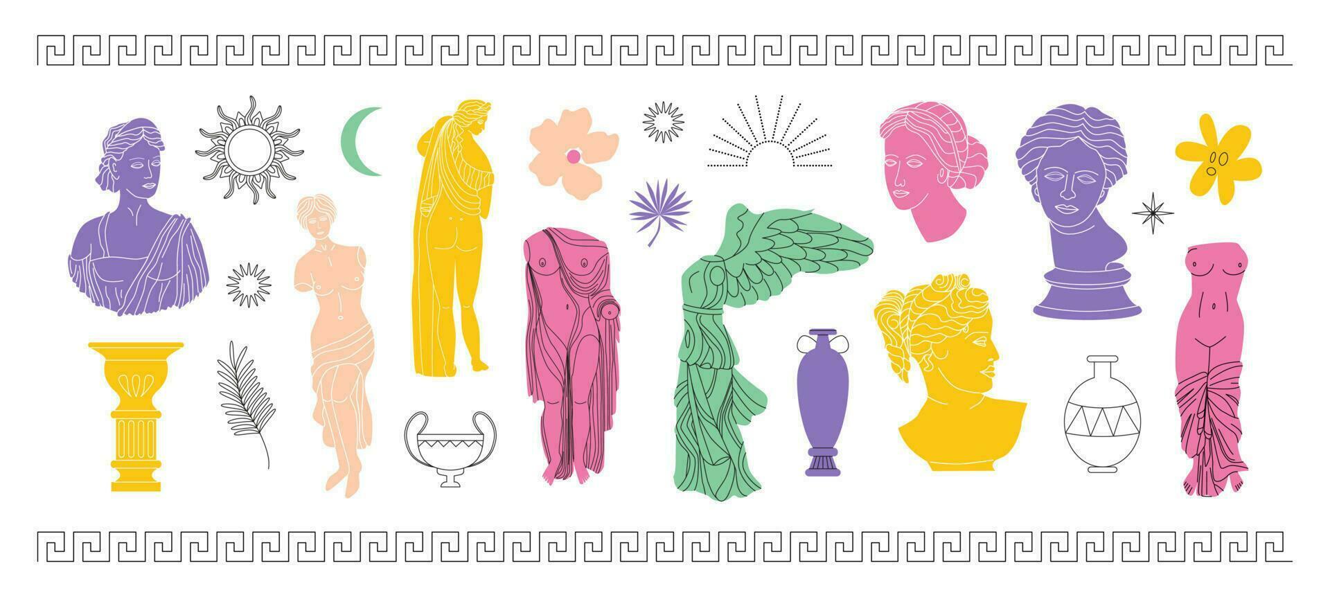 Modern set of Greek statues, columns, celestial elements, vases, flowers. Ancient Greek goddess, antique statue, sculpture. Vector isolated on white background. Renaissance. Hand drawn line art