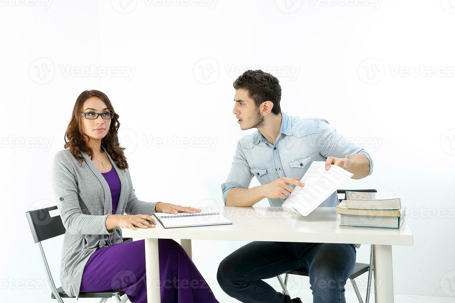 Yong south east Asian middle eastern Caucasian youth man woman in casual dress sit stand at table book notebook pen talk study think rad angry show on white background photo