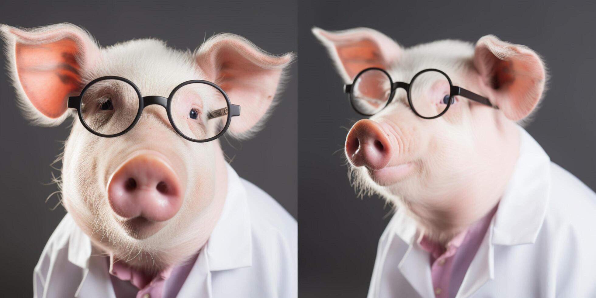 cerdo vistiendo un laboratorio Saco con lentes ai generado foto
