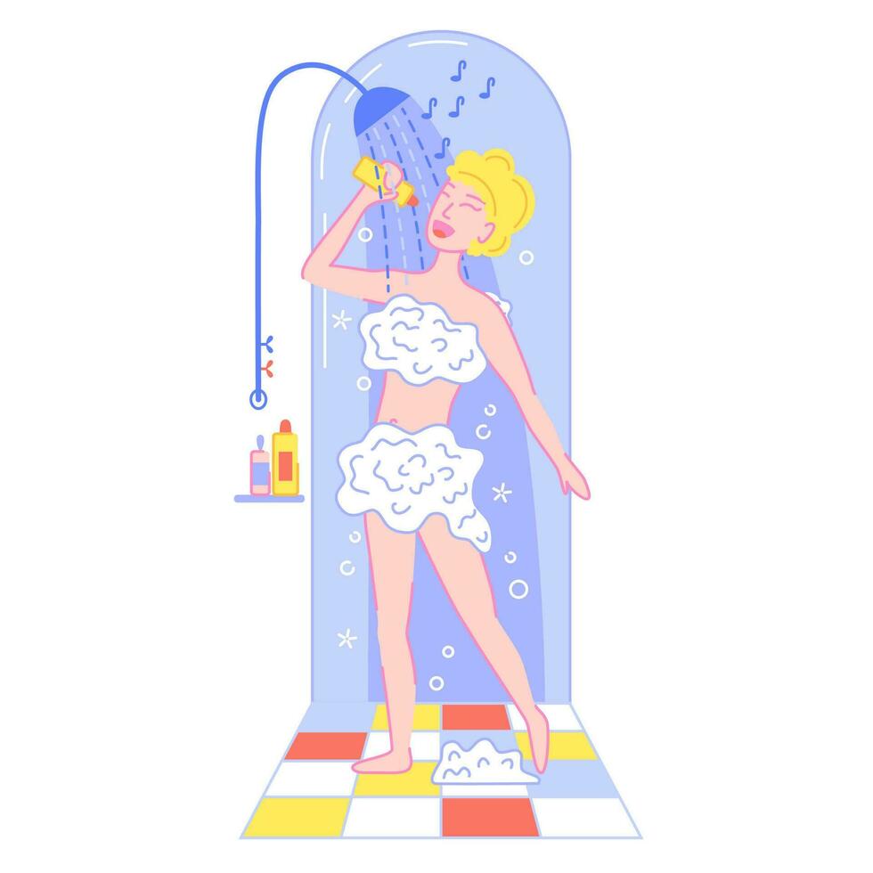 Girl singing in the shower, covered in foam and using the bottle as a microphone. Calm and happy female bathing. Listening to music, singing, relaxation concept. Vector illustration