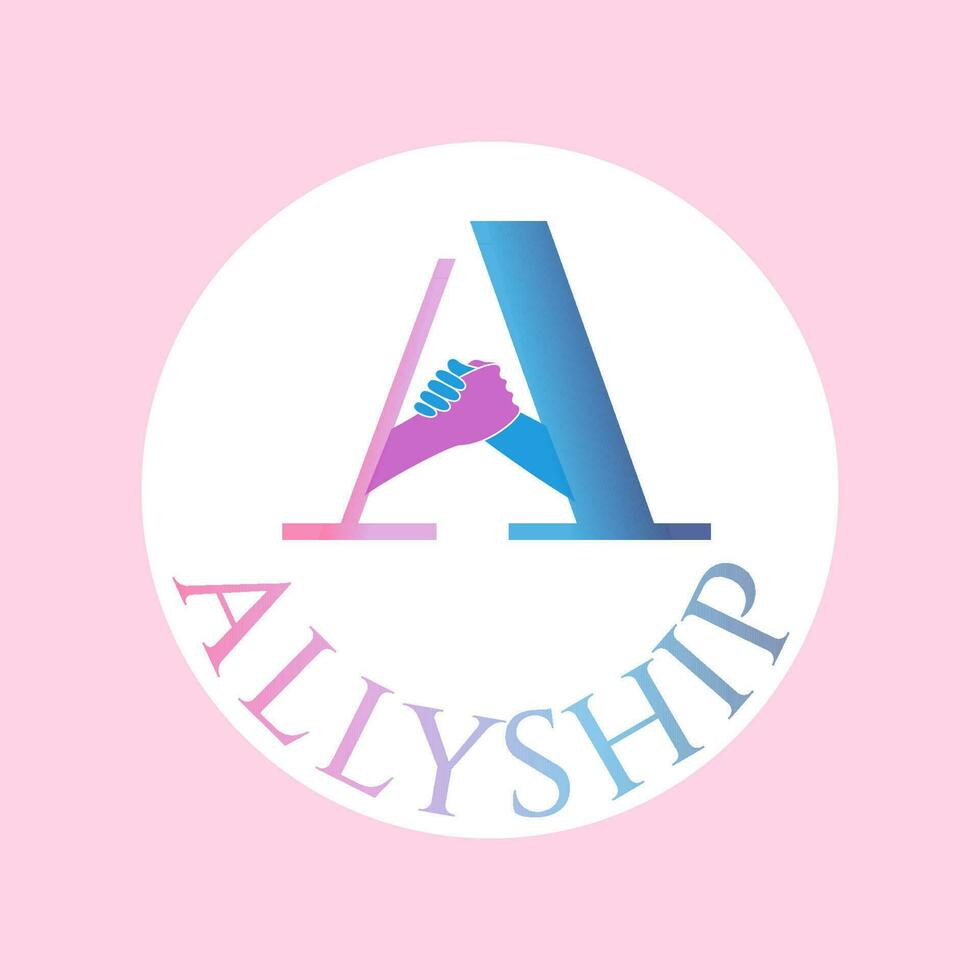 Letter A with a handshake in a pink-blue gradient. Logo template with the inscription Allyship isolated on pink background. Concept of partnership, teamwork, solidarity, unity of different people. vector