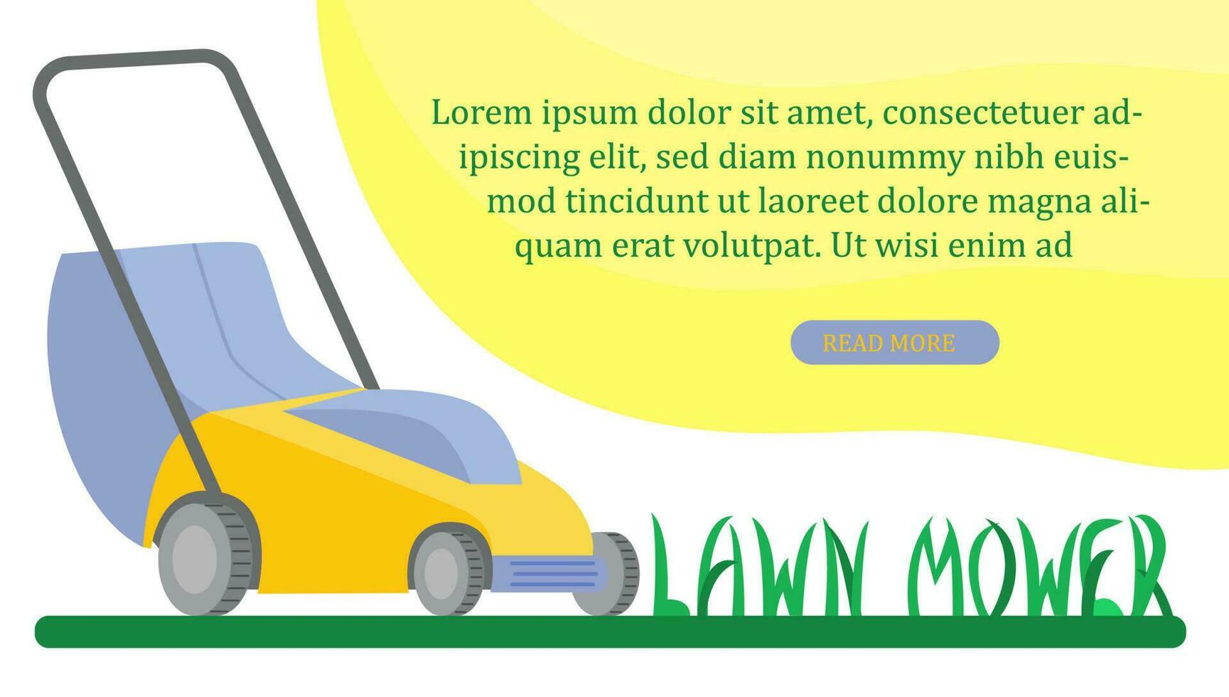 Lawn Mower, Gardening Grass Cutter. Inscription is depicted as grass. Design concept of landing page for yard care and lawn mowing services. Flat Vector illustration