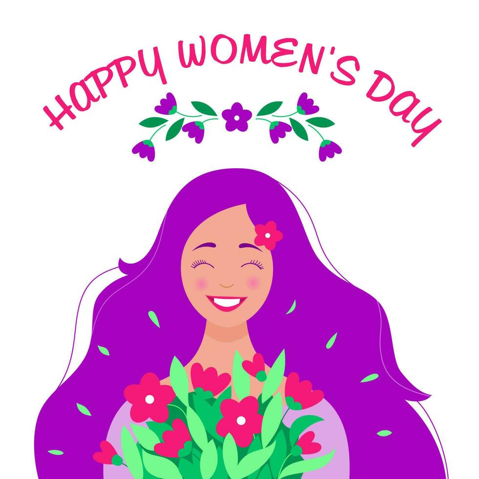 De las mujeres día saludo tarjeta, marzo 8. contento niña con un ramo de flores de tulipanes encantador joven mujer con suelto ondulado púrpura cabello. elegante dama. primavera vector ilustraciones
