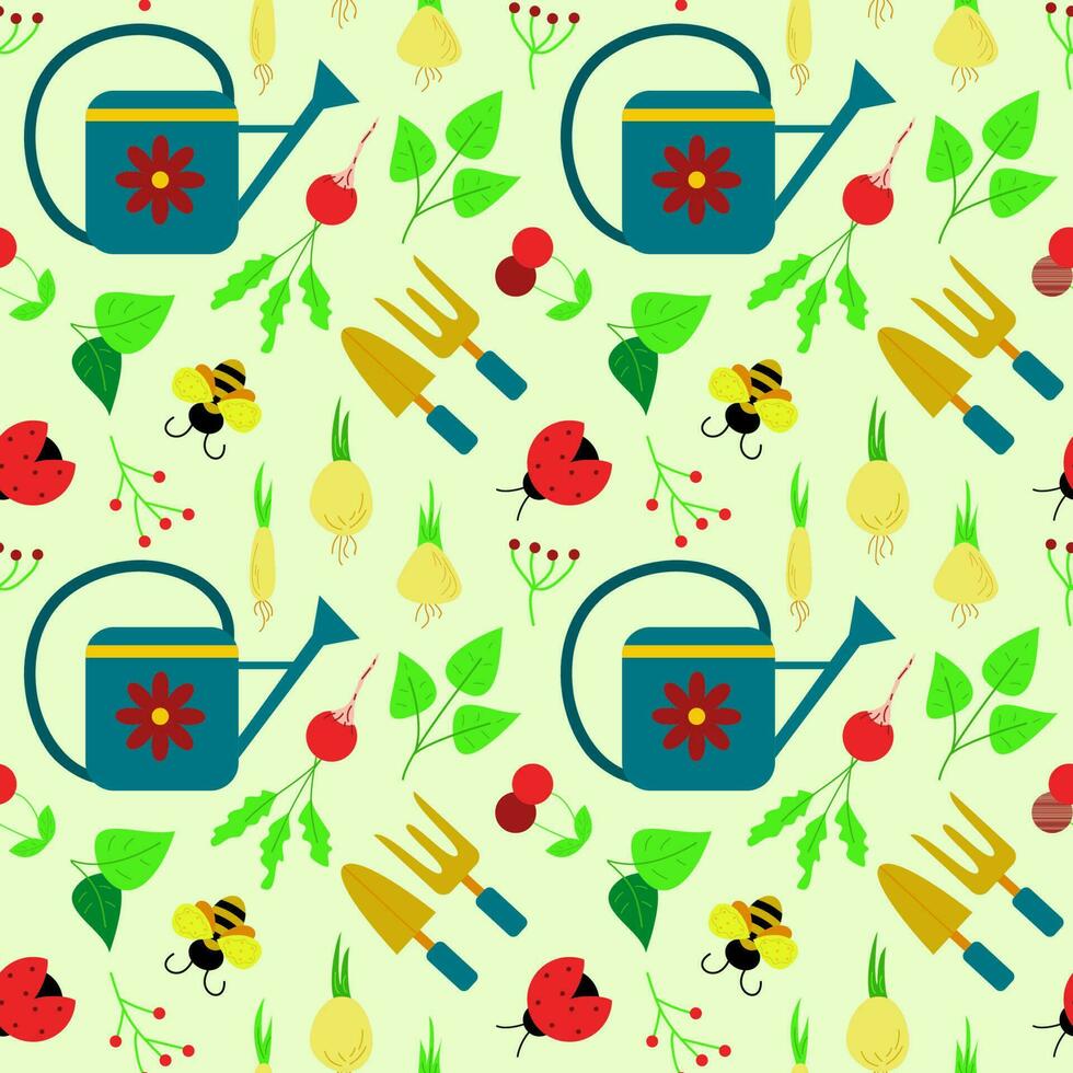 Seamless pattern with a gardening theme. Vector illustration of garden elements - watering can, radish, bee, ladybug, flower bulbs, cherry, leaves, berries. Background for packaging, textiles or web.