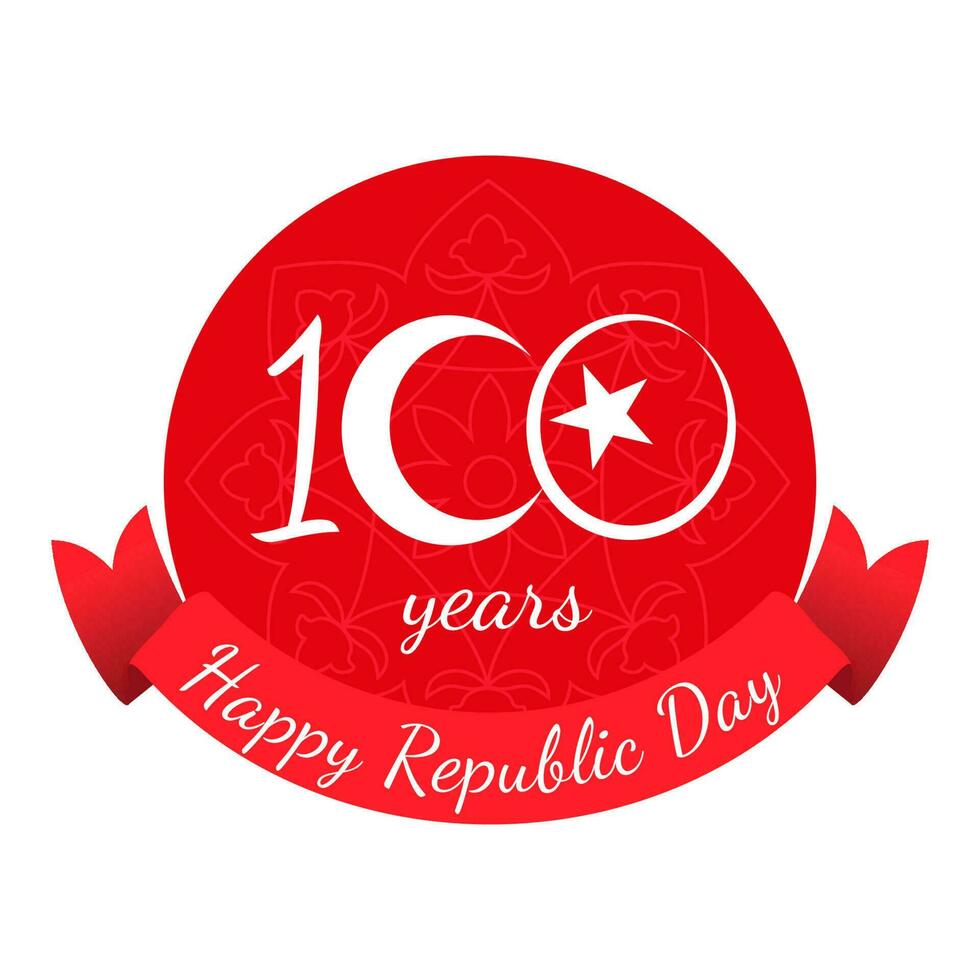 100 years anniversary Republic Day of Turkey. Design with number 100 included white crescent and star on red background, ribbon and traditional pattern. 29 October. 1923 - 2023, National victory day vector