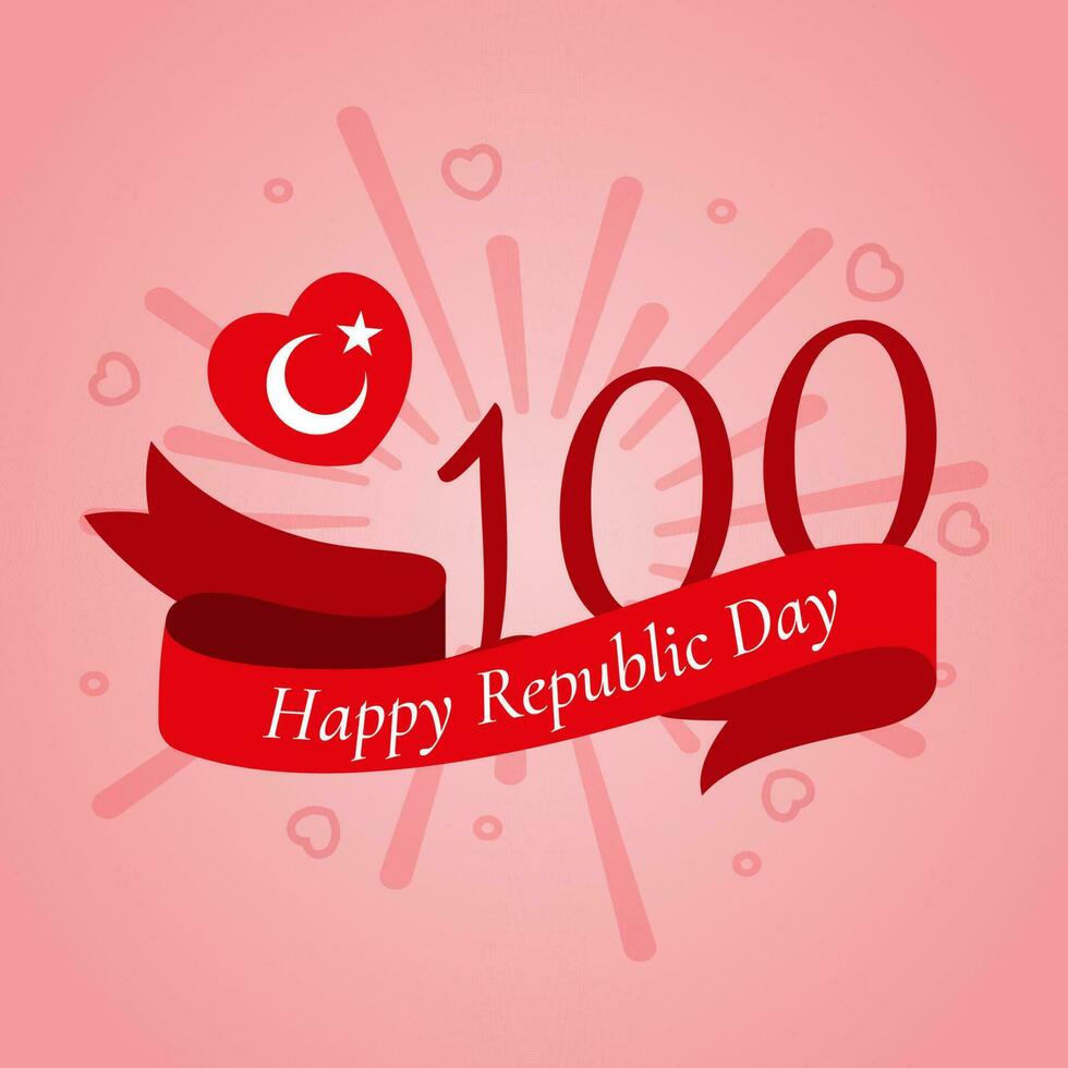 100 years anniversary Republic Day of Turkey. Greeting card with number 100, ribbon, heart included white crescent and star and firework burst rays. 29th October. 1923 - 2023, National victory day vector