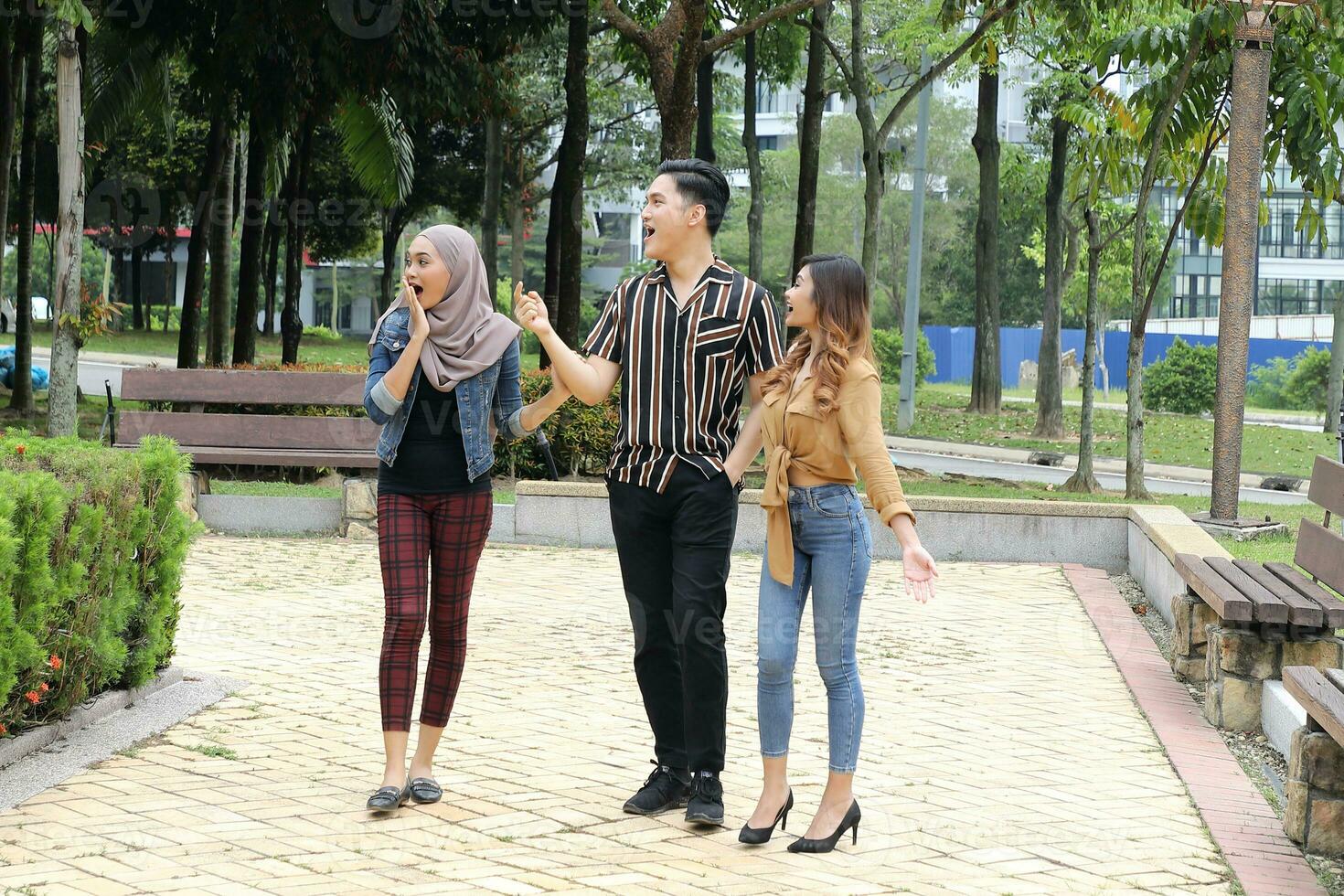 Young Asian Malay man woman outdoor green park walk talk discuss mingle photo