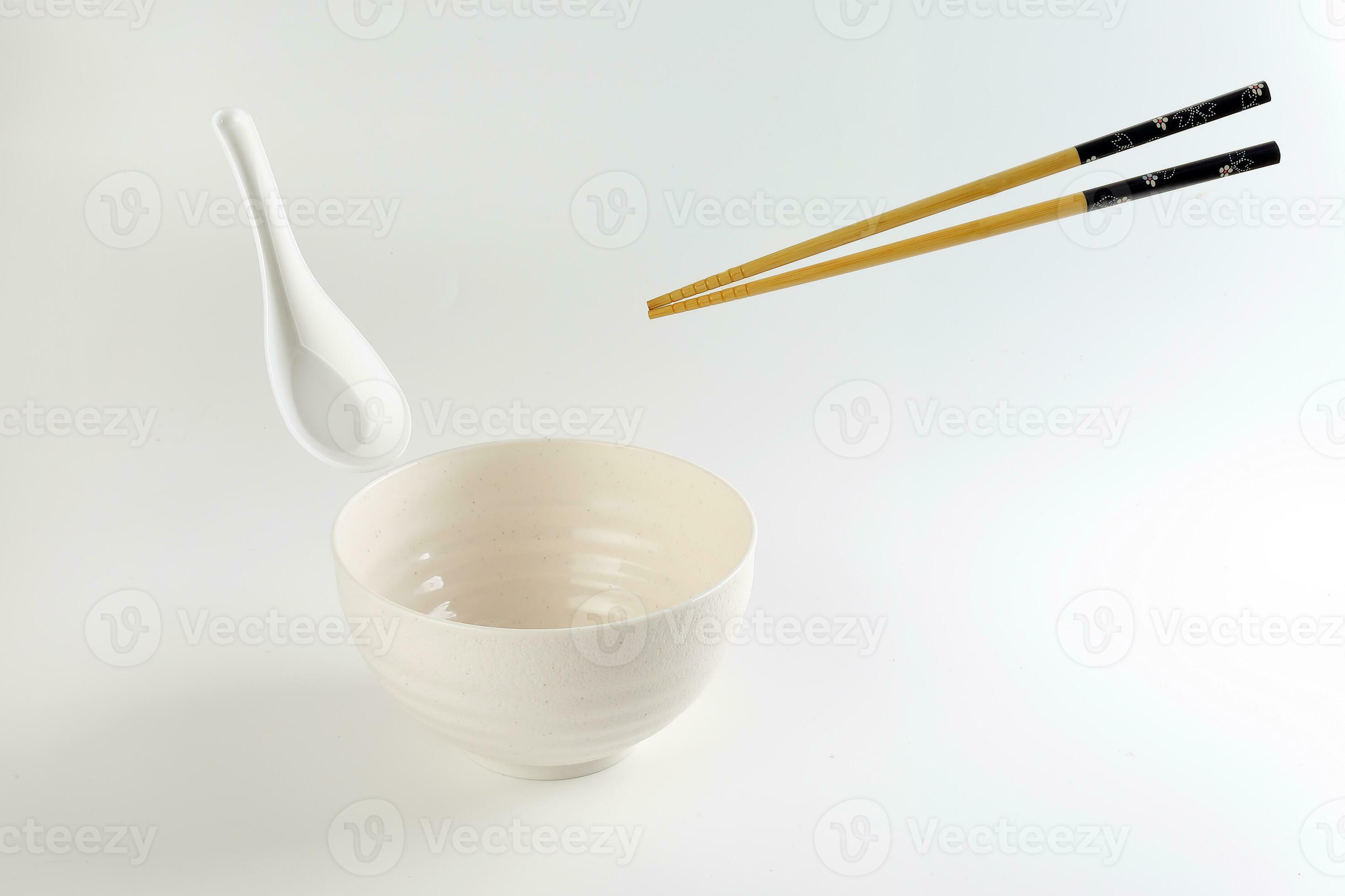 Empty oriental Japanese Chinese soup bowl spoon chopstick elevated