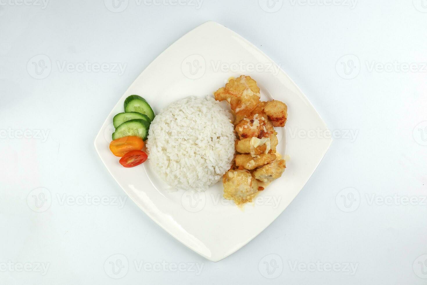 Butter Chicken Rice deep fried boneless chicken cube topped with sweet butter sauce with white rice cucumber and tomato slice photo