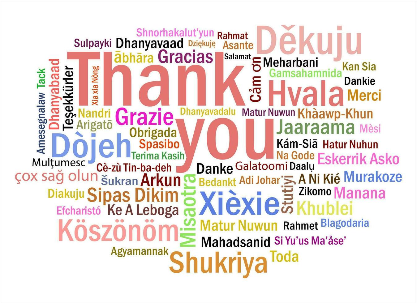 Thank You Word Collection in Different Languages around the World in Different Colors Vector Illustration