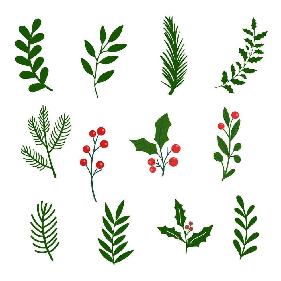 Winter Leaves Christmas Tree Green Leaf Collection Flat Vector