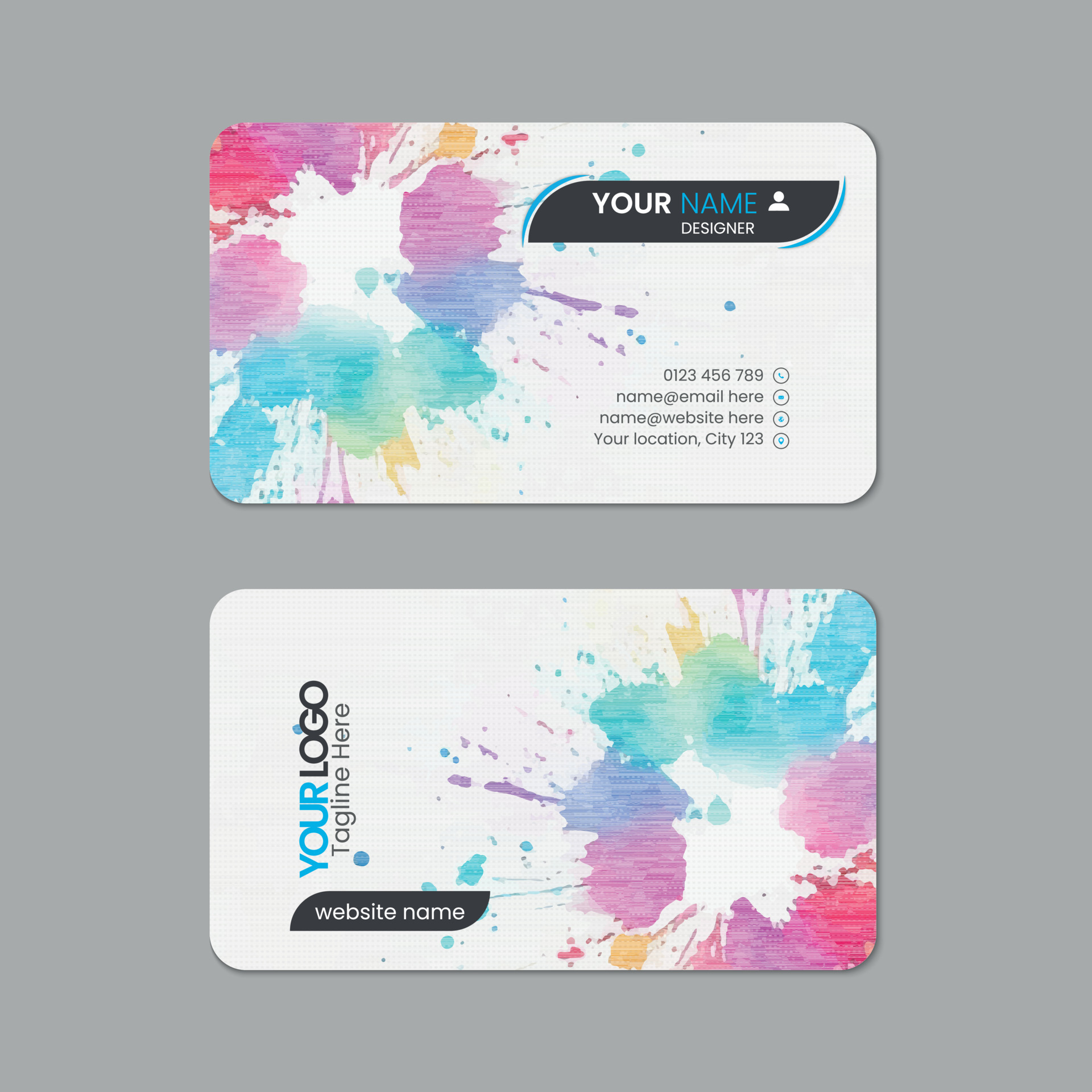 Abstract watercolor business card template design with texture and pattern, visiting card, name
