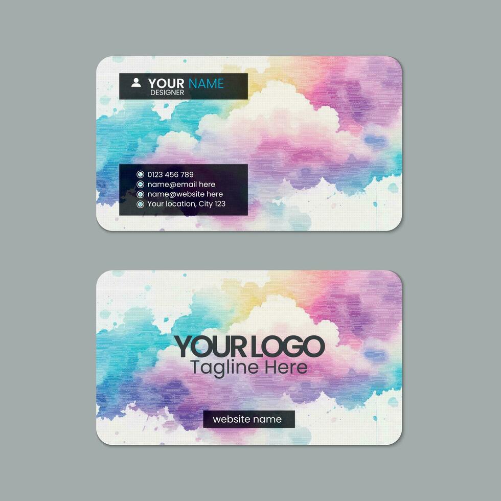 Abstract watercolor business card template design with texture and pattern, visiting card, name card, Print ready double sided clean fresh and modern corporate business card layout with mockup vector