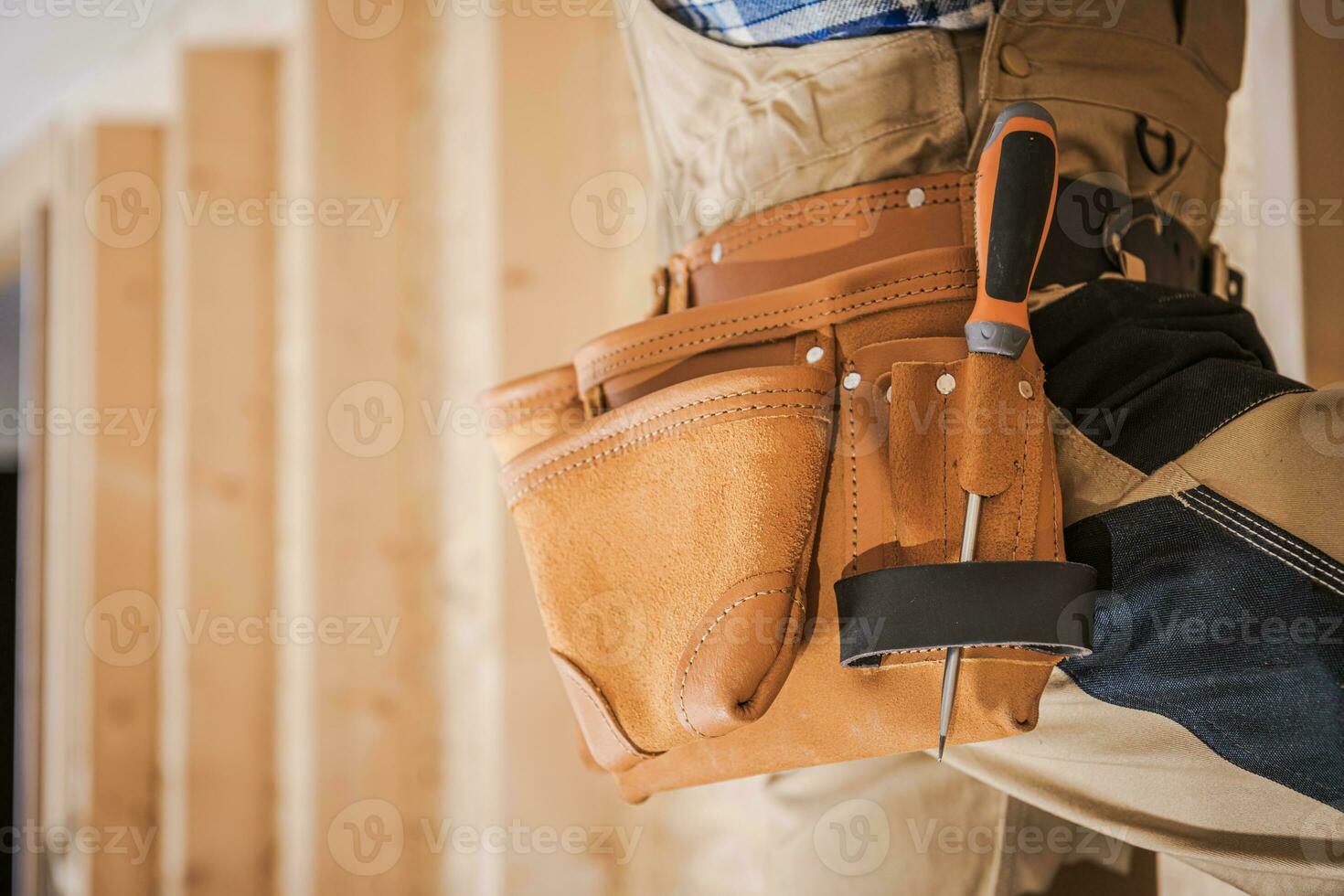Close Up Of Climbing Ladder Carpenter And Tool Belt. photo