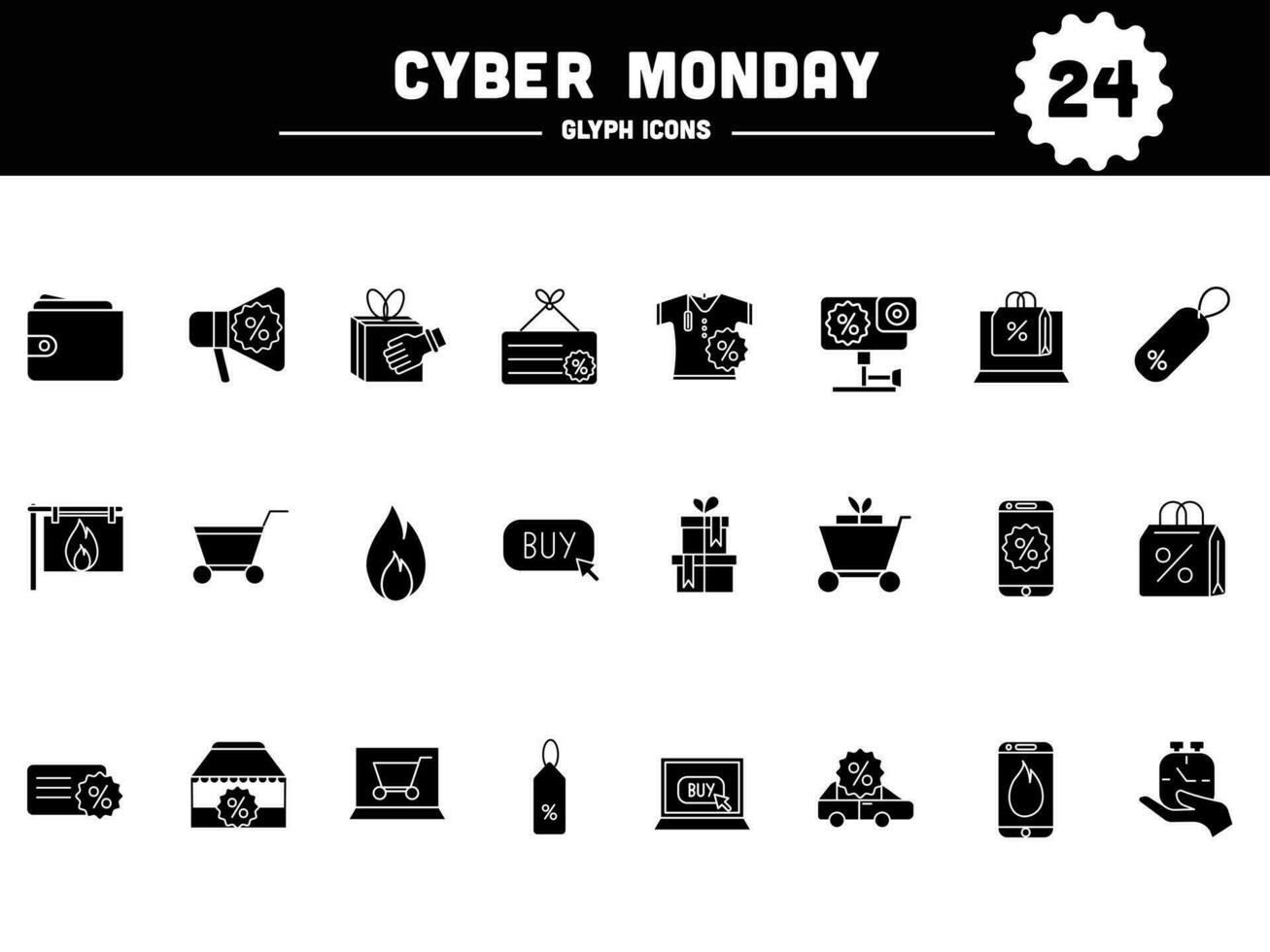 Glyph Style Cyber Monday Icon Set On White Background. vector