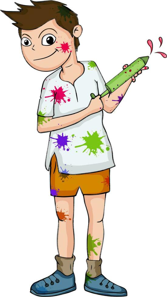 Little boy with water gun for Holi celebration. vector