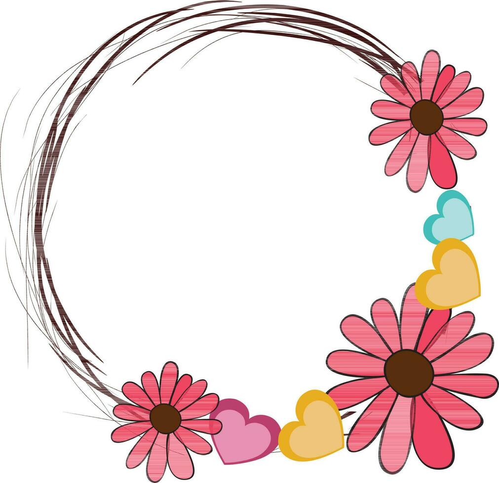 Flowers and hearts decorated circular frame design. vector