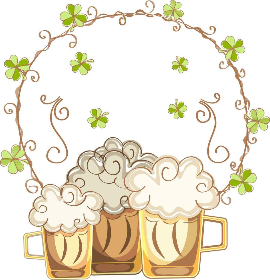 ilustración de cerveza tazas con trébol hojas. vector