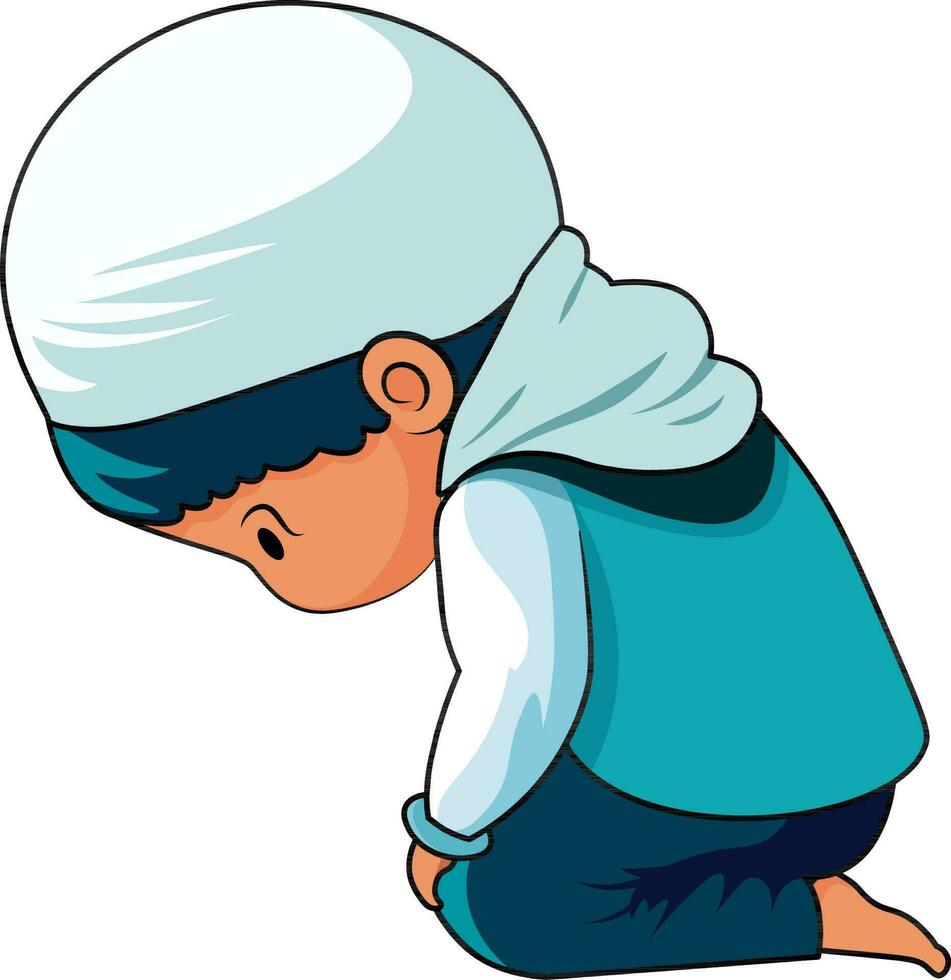 Illustration of Cute Muslim Boy Offering Namaz Prayer In Sitting Pose. vector