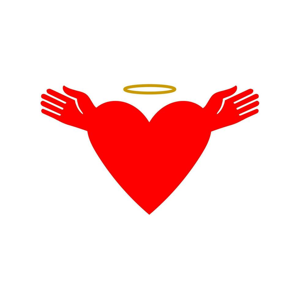 Heart with a halo. Red heart shape with angel wings. vector