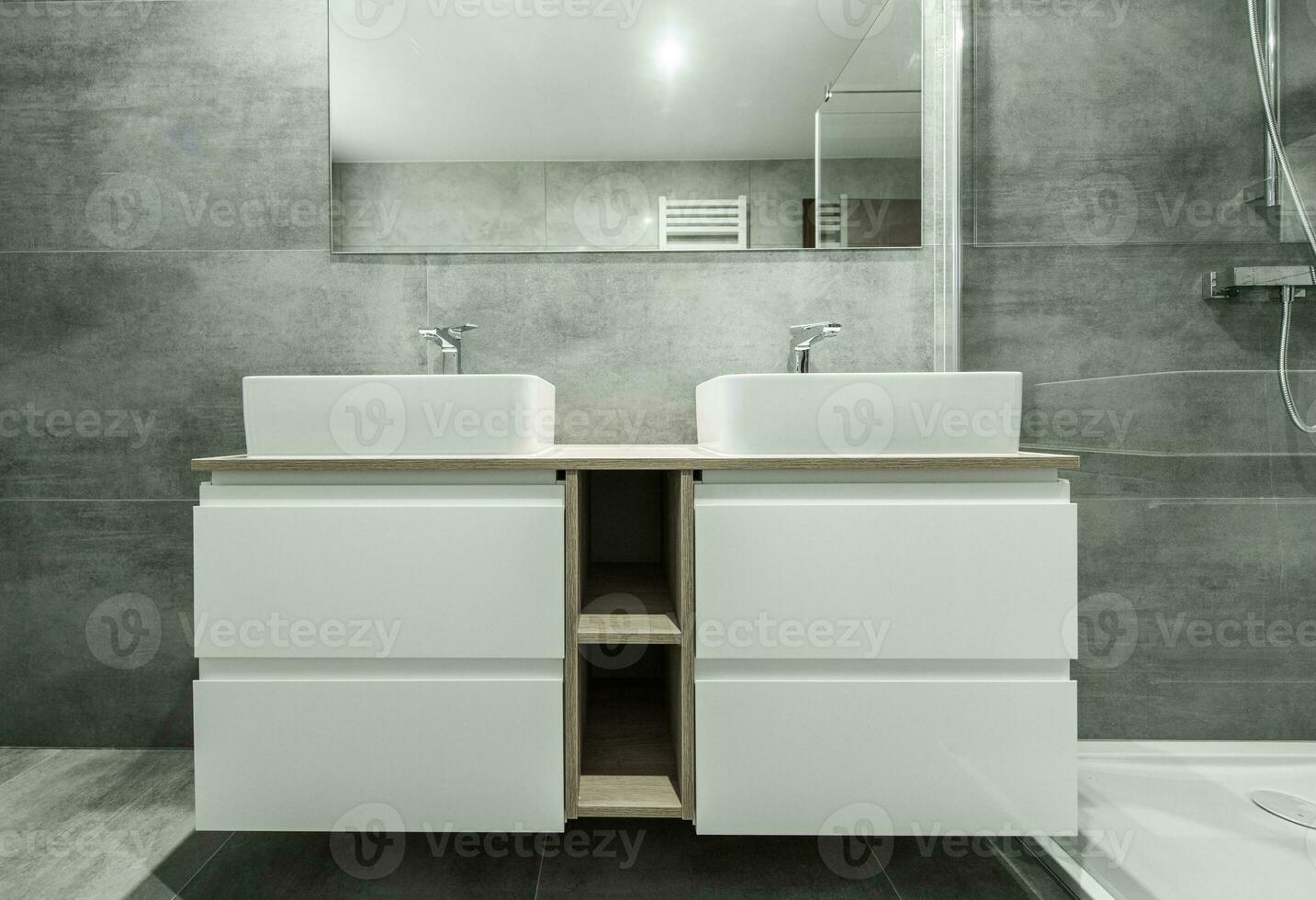 Modern Gray And White Bathroom. photo