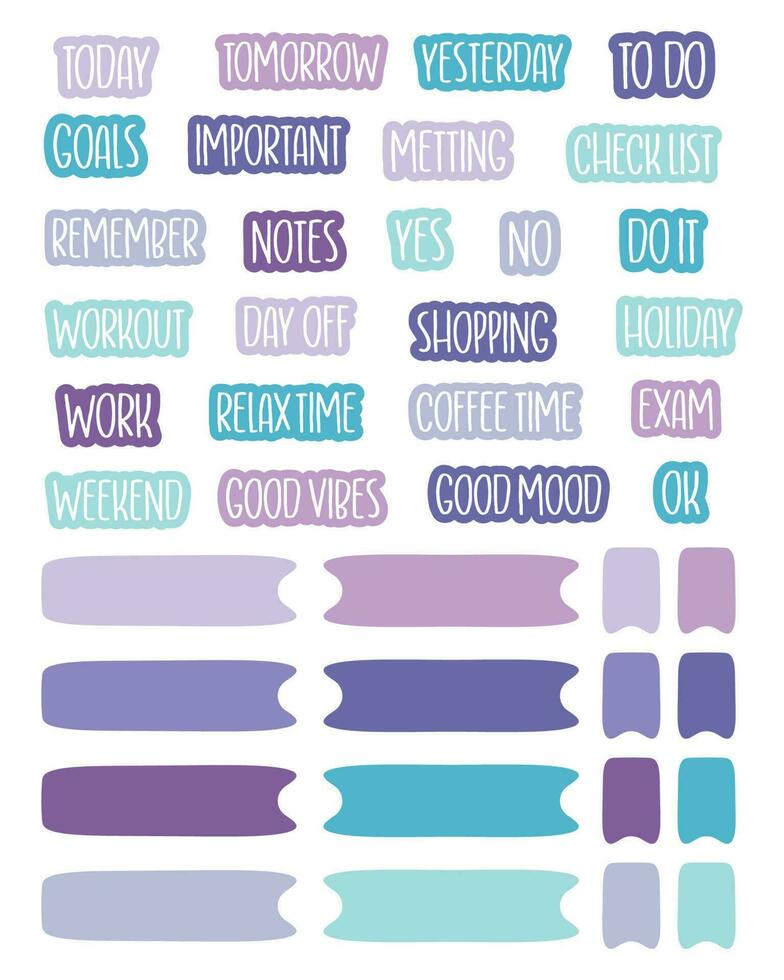 Set of planner stickers. Printable planner stickers. Planners and weekly days label. Bullet journal stickers, planner, scrapbook stickers design. vector
