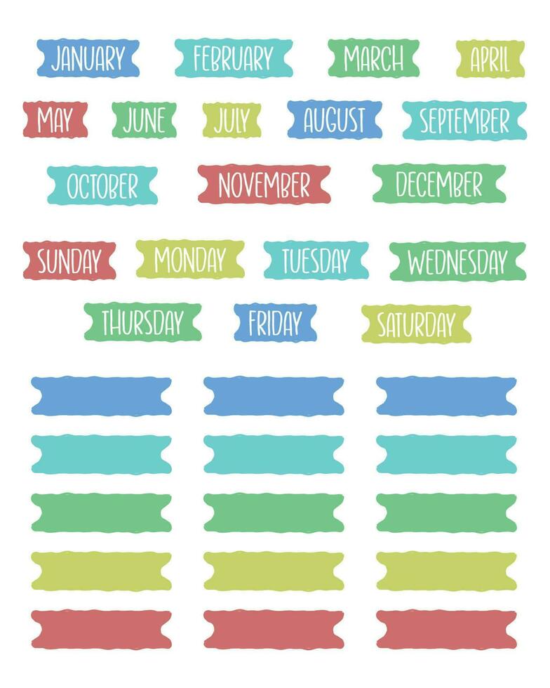 Set of planner stickers. Printable planner stickers. Planners and weekly days label. Bullet journal stickers, planner, scrapbook stickers design. vector